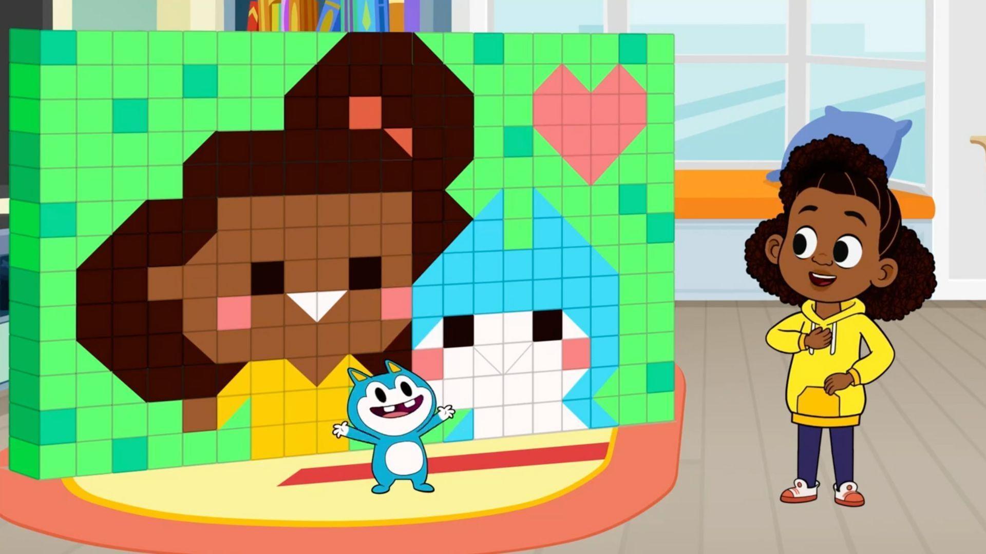 Lyla shows Stu how they can build lots of different structures out of her magnet titles.