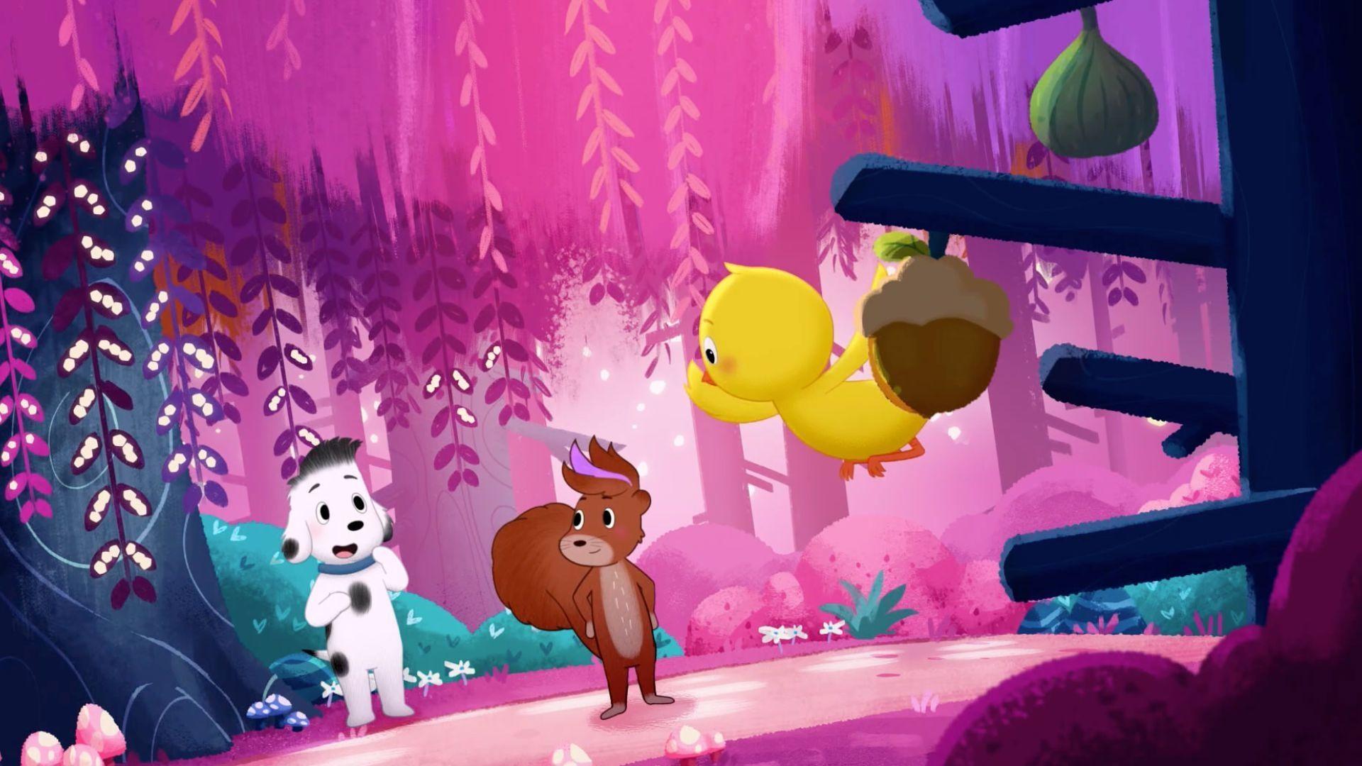 Rocket, Little Yellow Bird and Ella work together to spell words from the word tree.