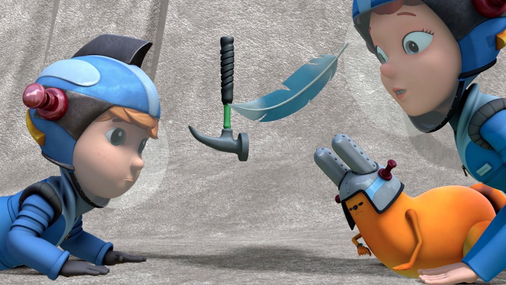 The kids, Sunspot, and Celery go to space to test out the hammer and feather experiment.