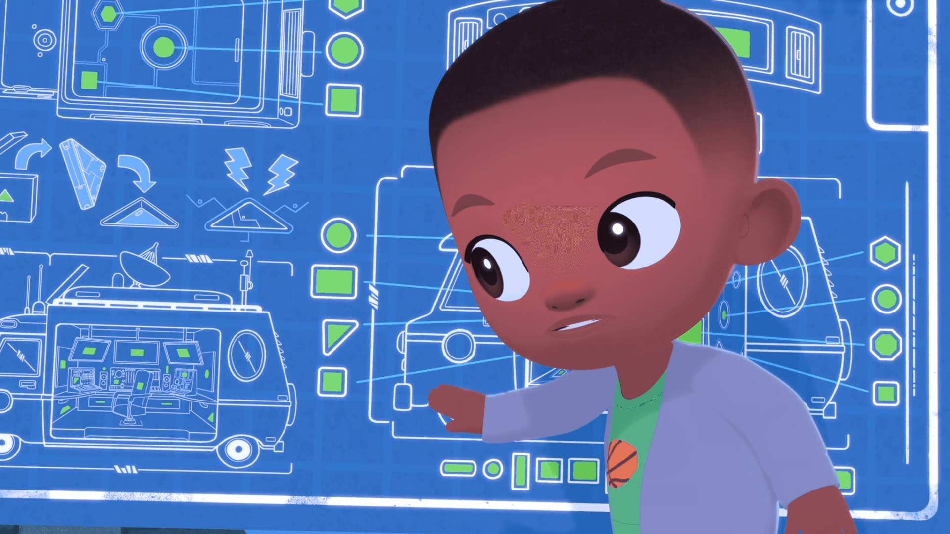 Benny puts a piece of the Vansformer together with the help of his family and blueprint.