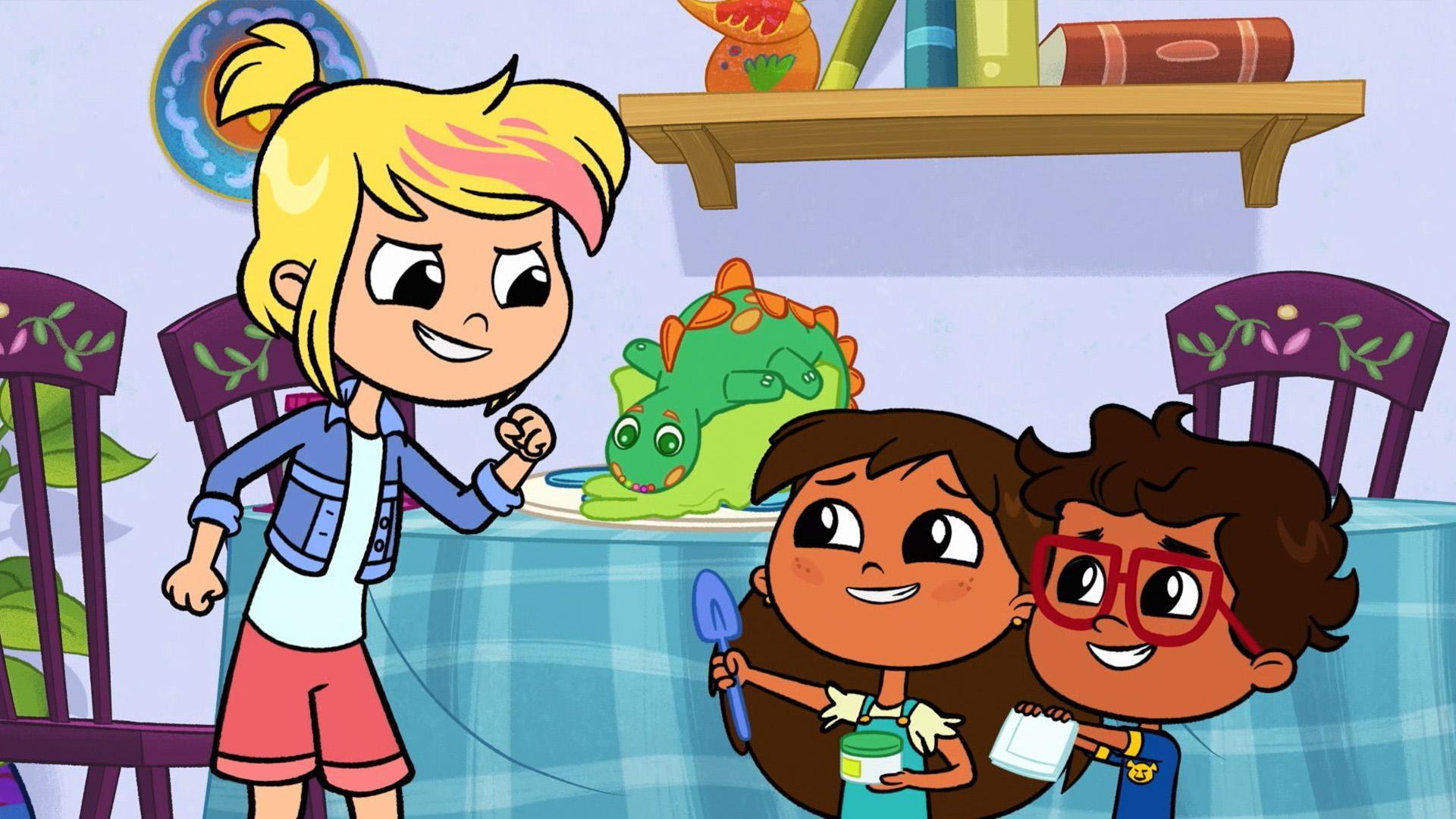 Javi and Rosie enlist Crystal to help fix Iggy’s dino cake.