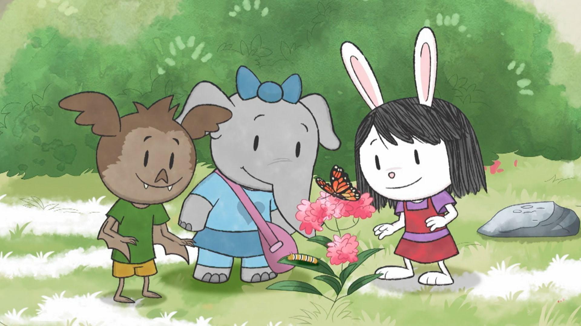 The kids have never seen a baby butterfly./Elinor and friend put on a circus.