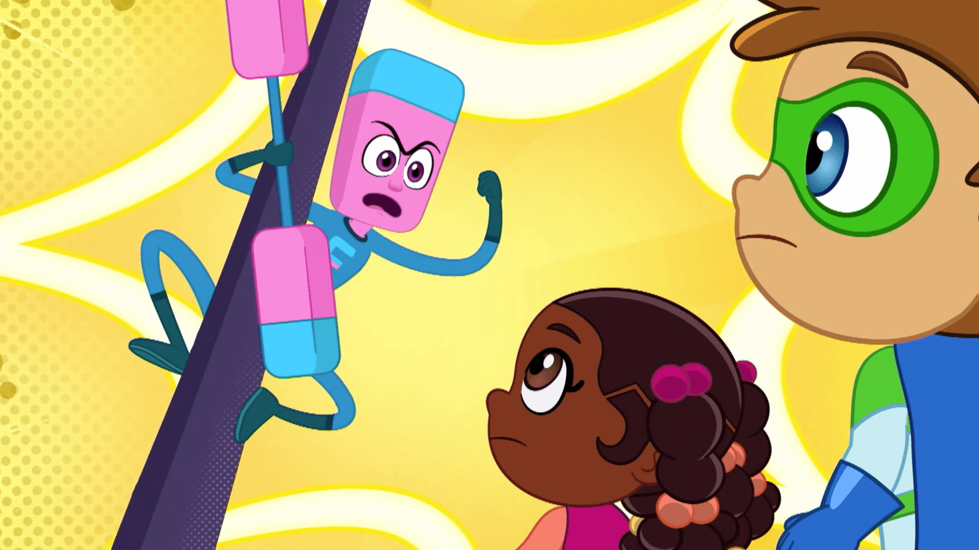 The Eraser is erasing letters from street signs in Reader Valley.