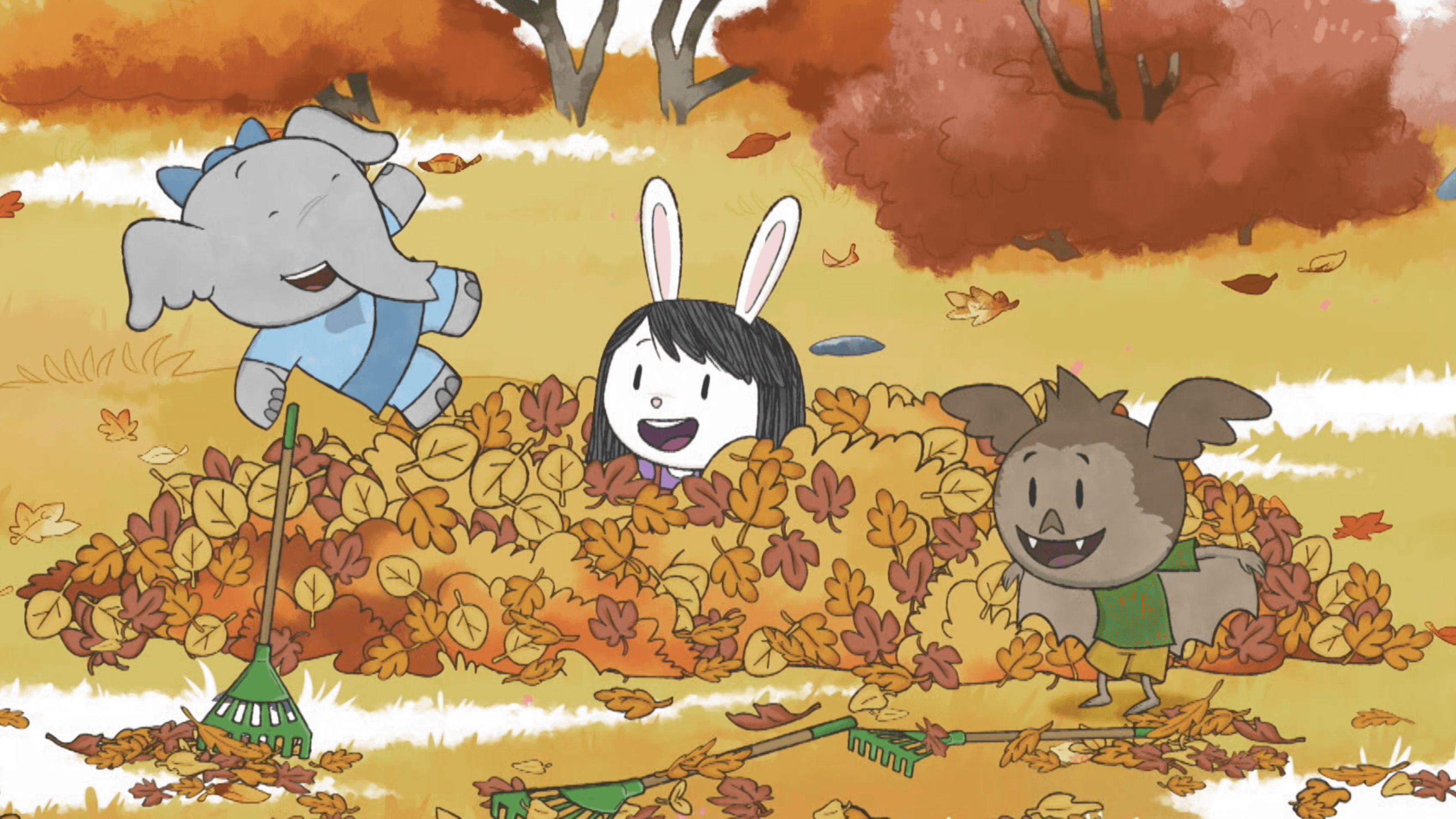 Elinor helps Ari’s dad rake the leaves in their yard./Elinor builds a giant Snow Friend.