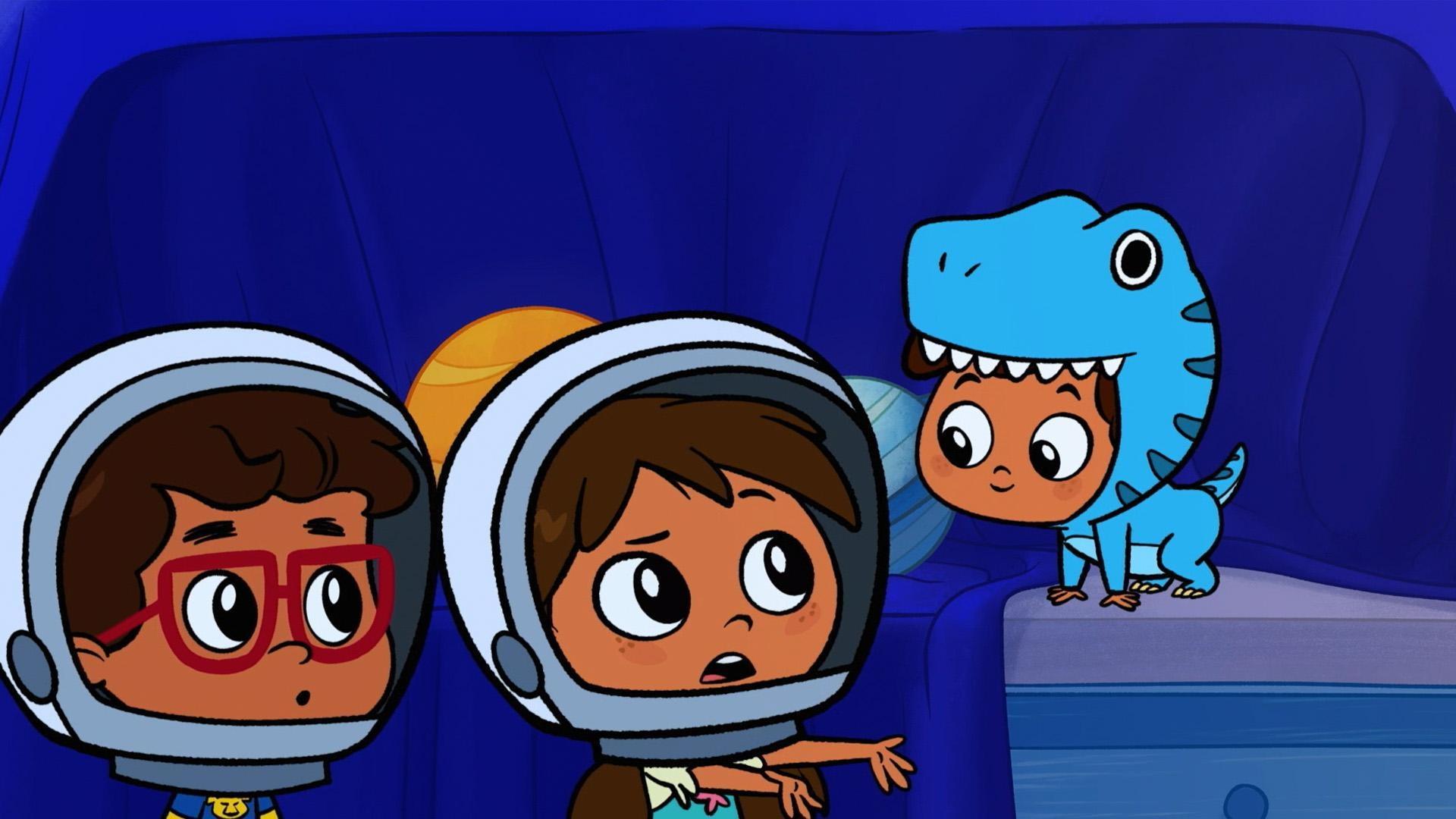 Rosie and Javi are confused when a Dinosaur appears in space