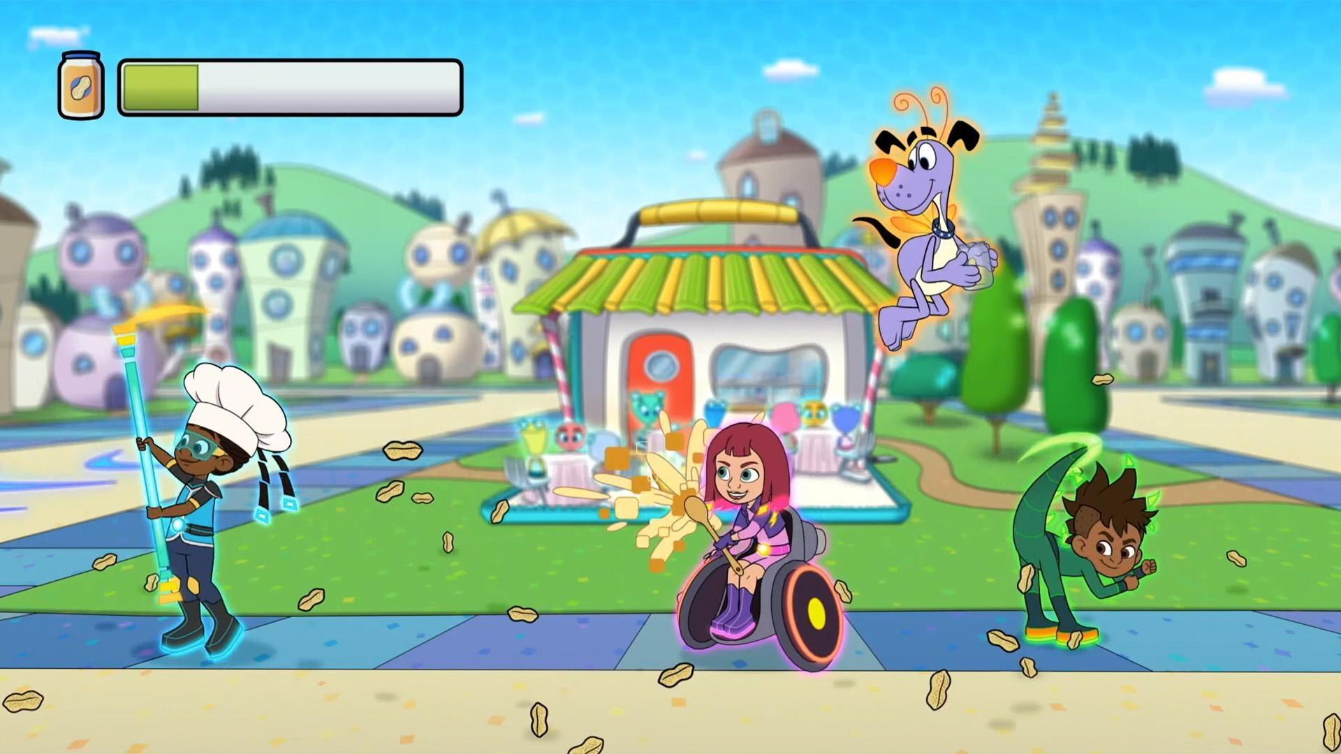 Chef Cora makes food for the hungry Beeples. / Dev helps planes take off and land.