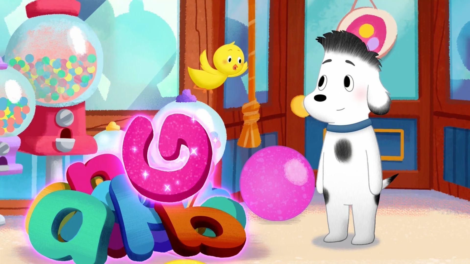 Rocket, Little Yellow Bird and Bella use the wand to change back all the signs and shops.