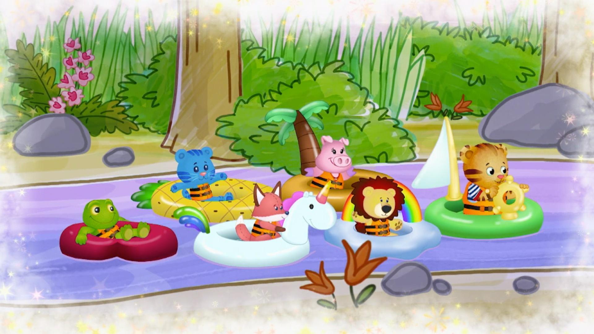 Daniel imagines he's sailing down a river on a floatie with his stuffie friends.