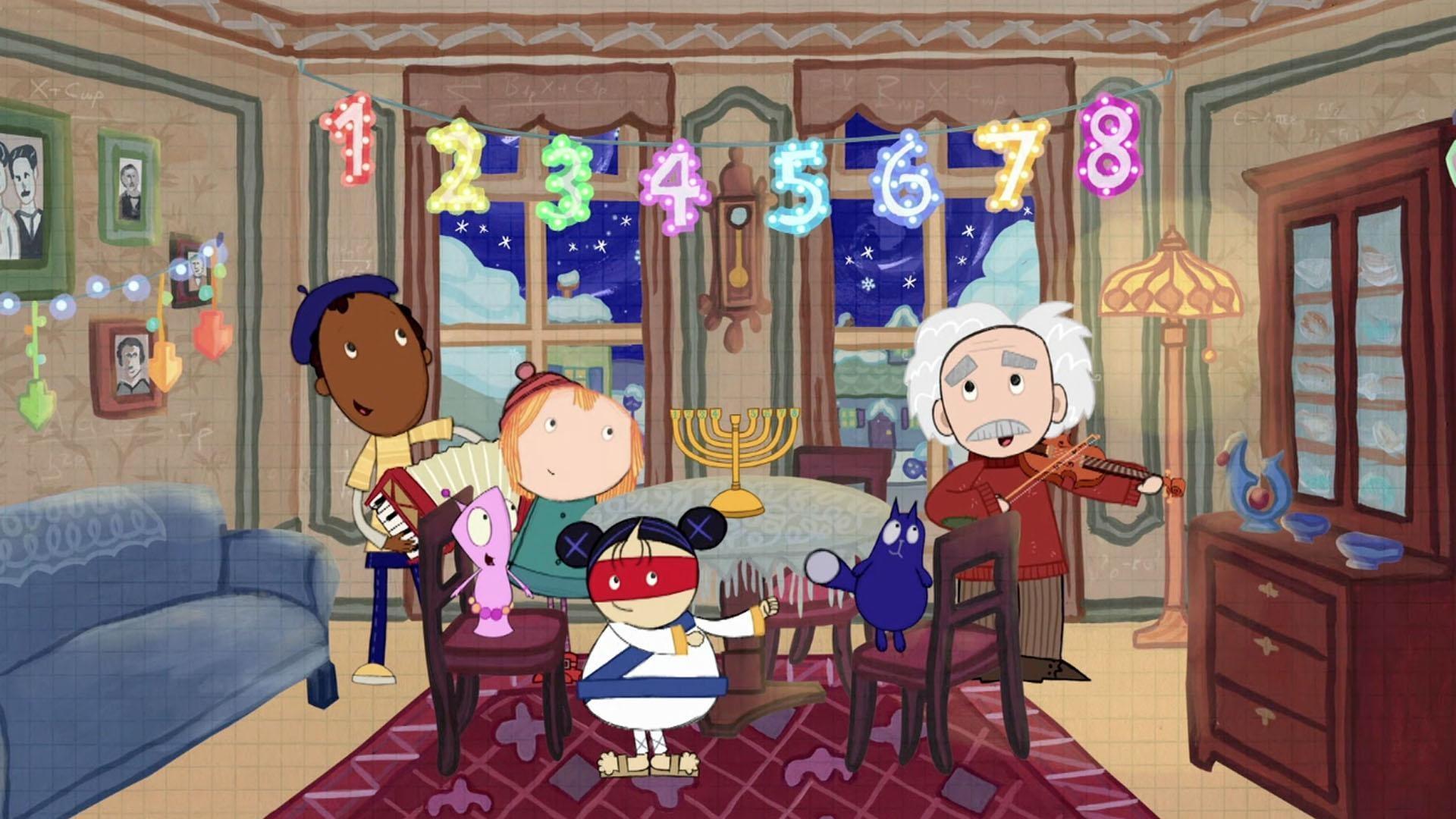 Peg and Cat celebrate Hanukkah with Albert Einstein.