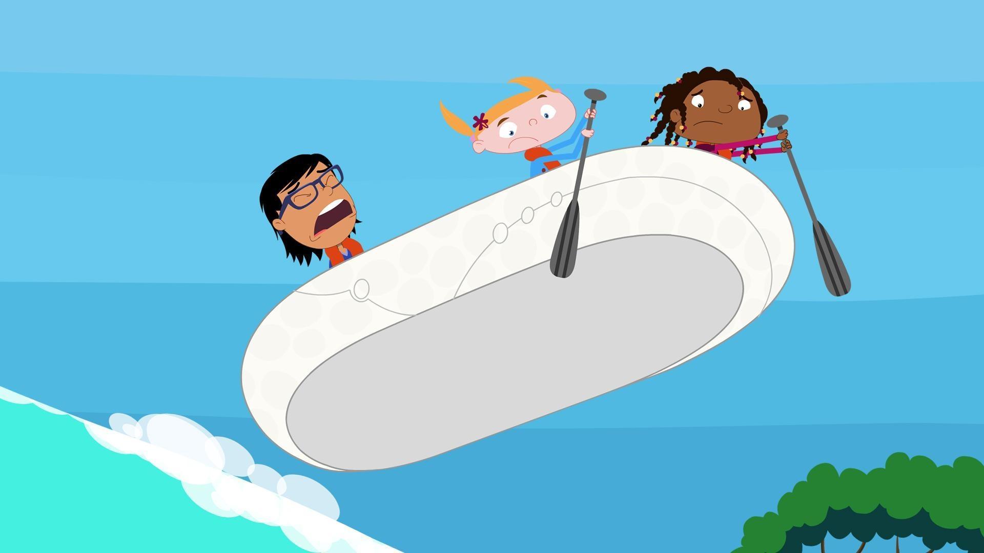 The kids follow a skismo over a waterfall.