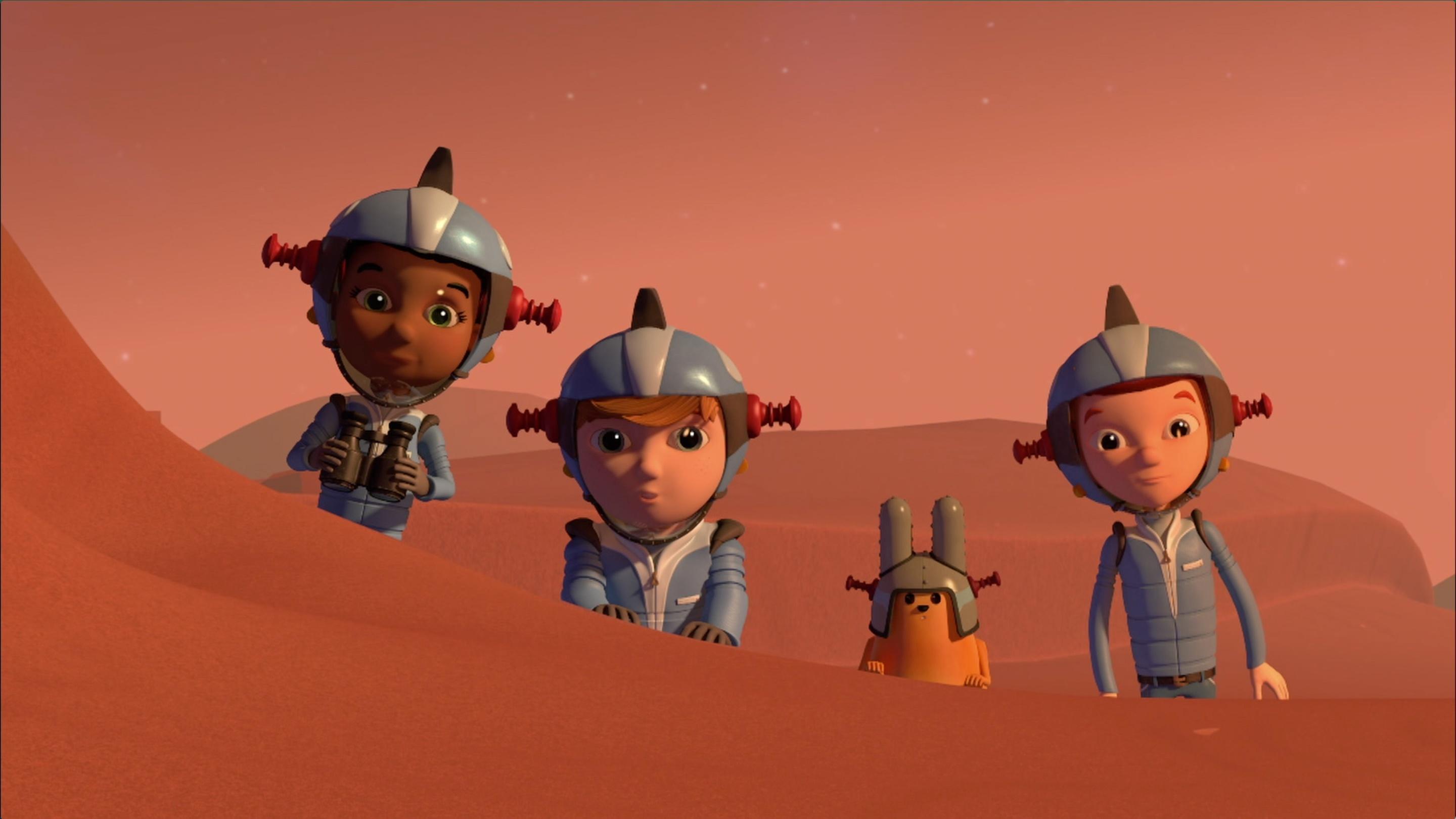 Celery flies the kids out to Mars. / Jet helps Sydney with her chores.