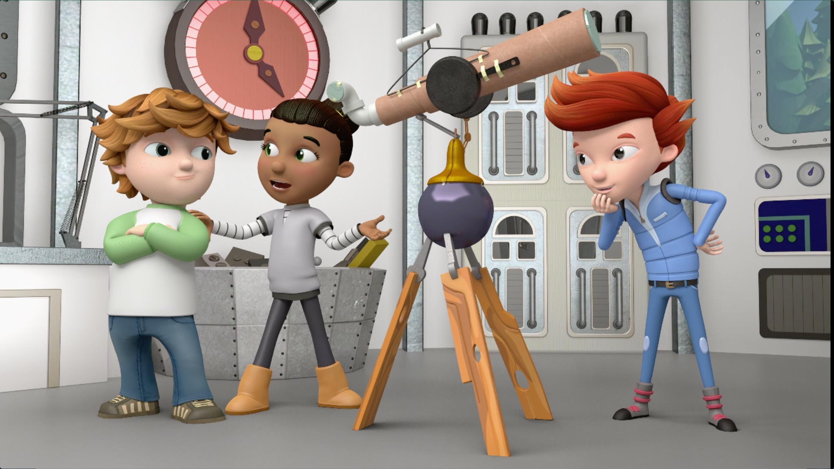 The kids sing the scientific method song to help them build a telescope.