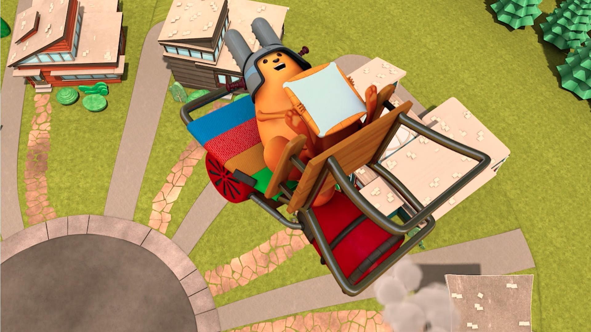 The kids fix a TV satellite. / Jet and the gang gather for a "satellite selfie".