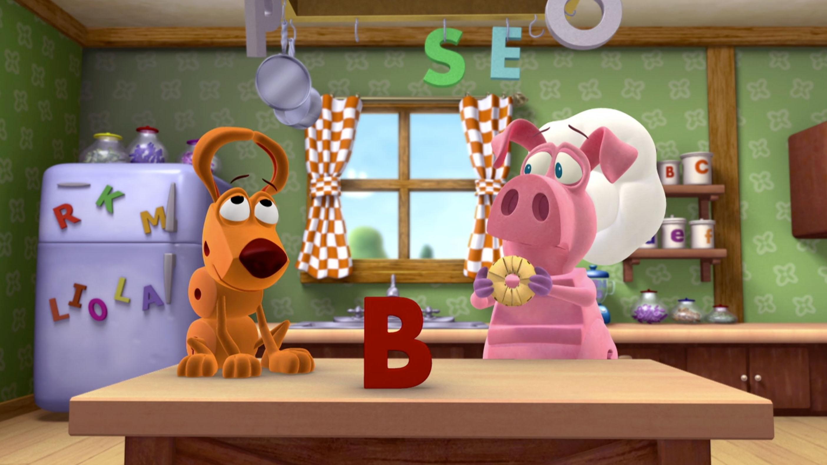 Dog is searching for something that begins with the letter B, but Pig is puzzled.