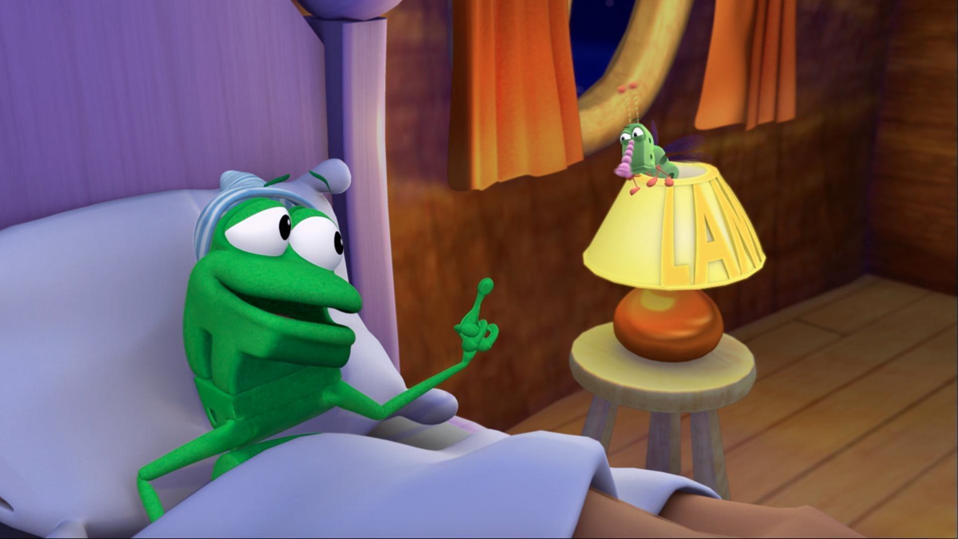 Frog and Bug try to figure out the ending to the rhyme, "Snug as a Bug."