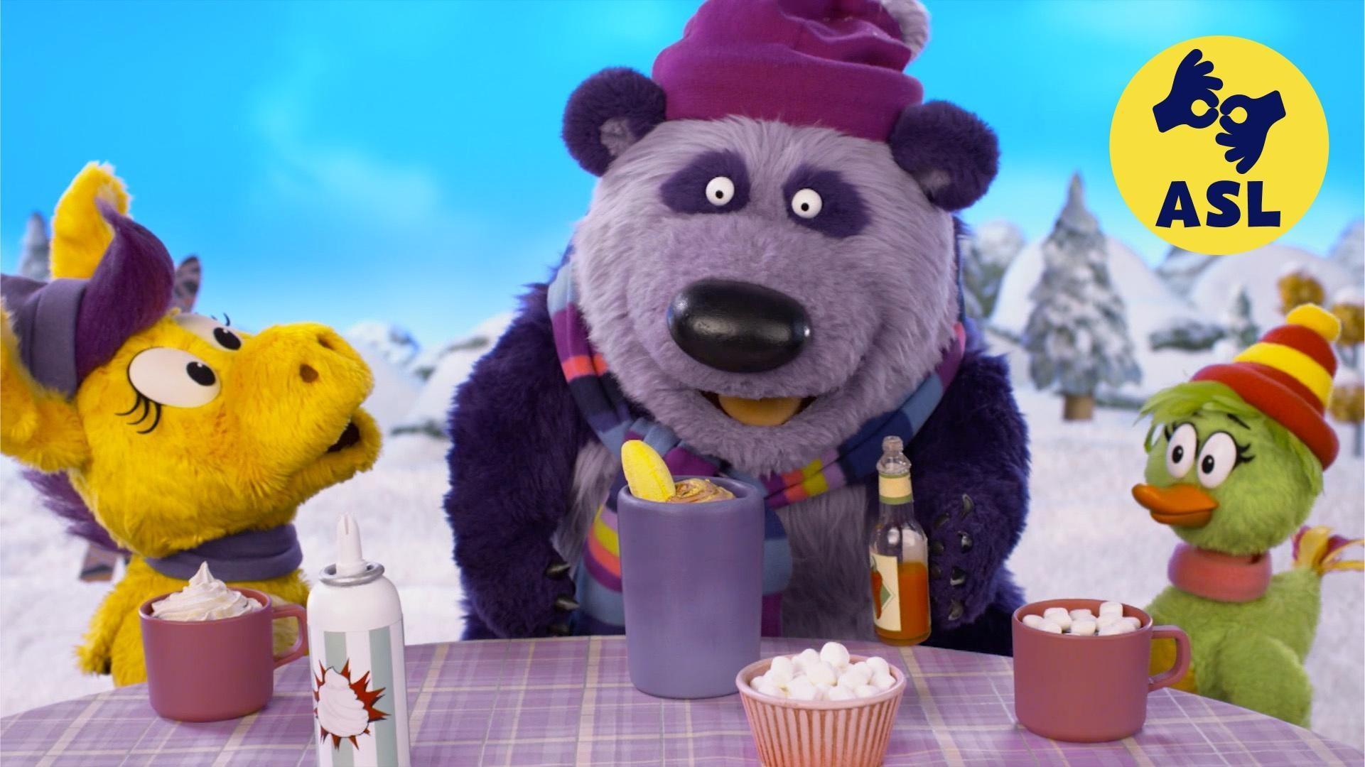 Panda enjoys a snow day his own way./Bob Dog plays Gameshow Gator’s latest snowy game.