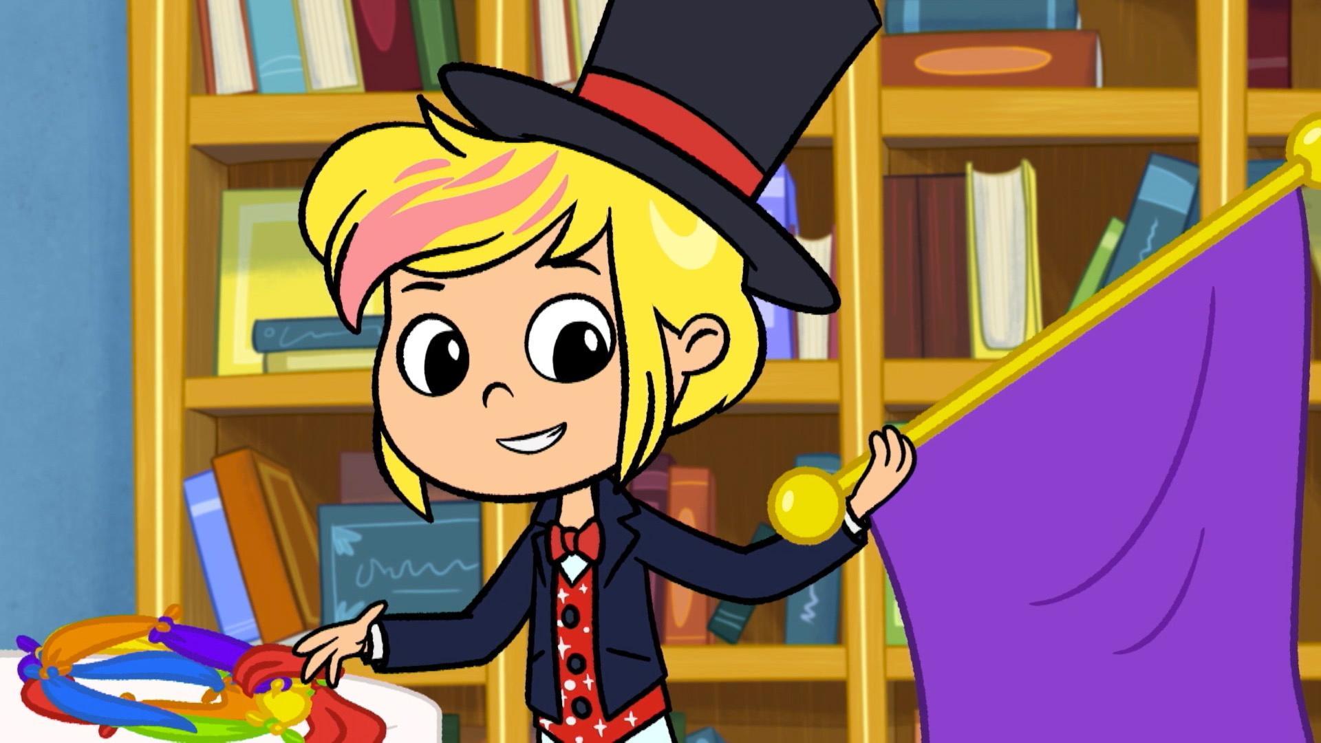 Rosie offers to put Iggy to bed. / Rosie assists Crystal in her magic show.